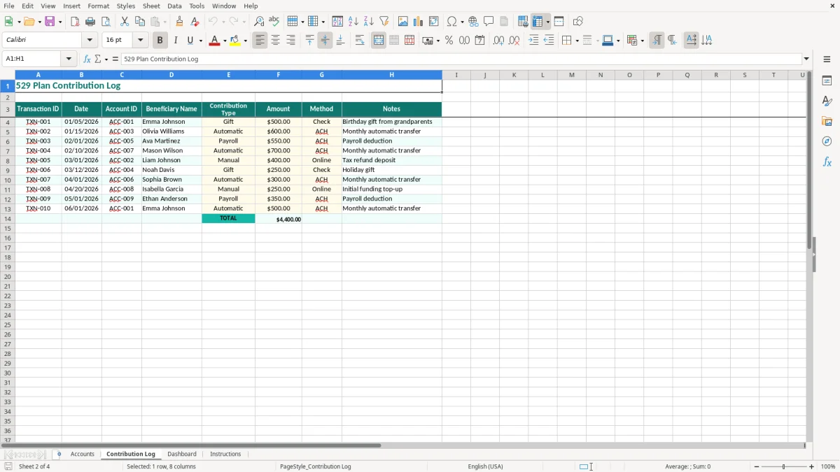 Screenshot 2: Contribution Log tab - Excel template 529 college savings plan tracker excel spreadsheet