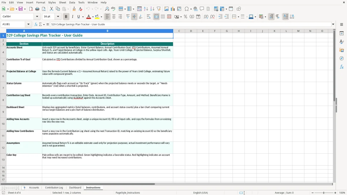 Screenshot 4: Instructions tab - Excel template 529 college savings plan tracker excel spreadsheet