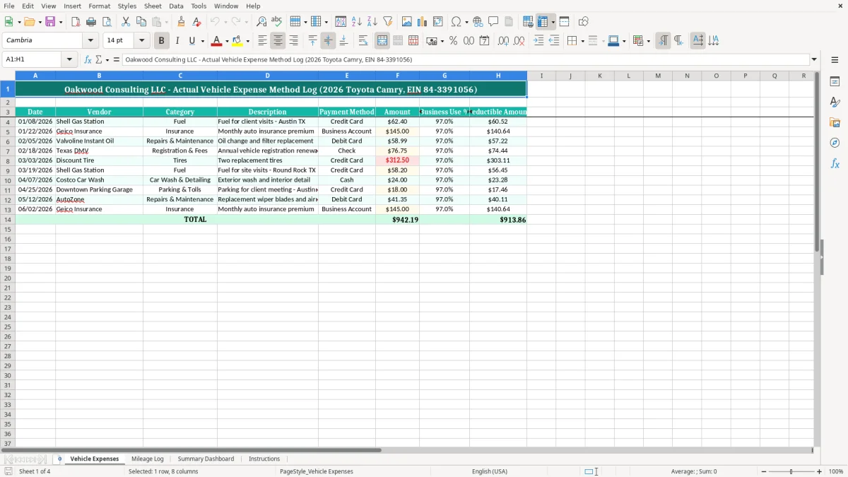 Screenshot 1: Vehicle Expenses tab - Excel template actual vehicle expense method log excel spreadsheet