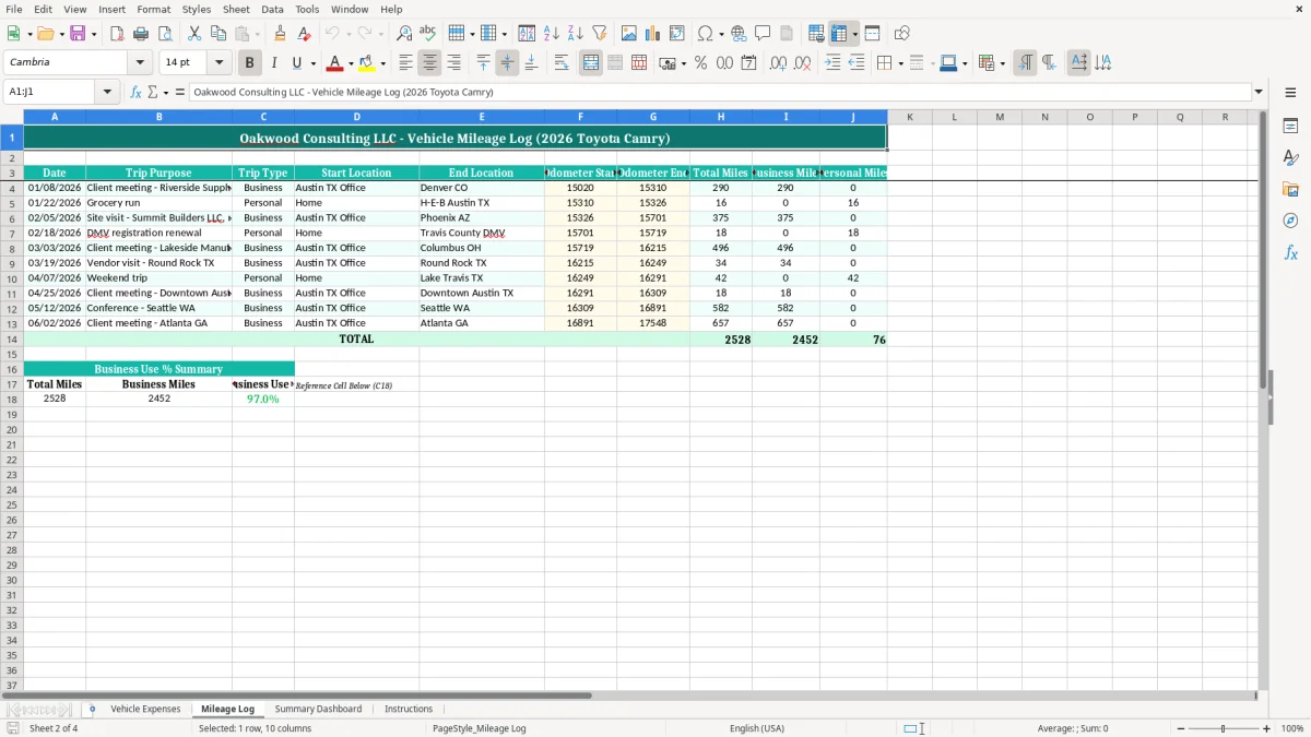 Screenshot 2: Mileage Log tab - Excel template actual vehicle expense method log excel spreadsheet