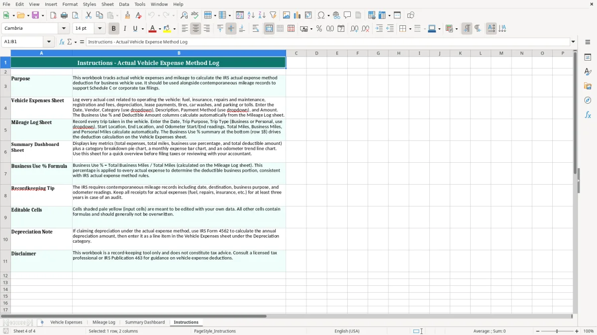 Screenshot 4: Instructions tab - Excel template actual vehicle expense method log excel spreadsheet