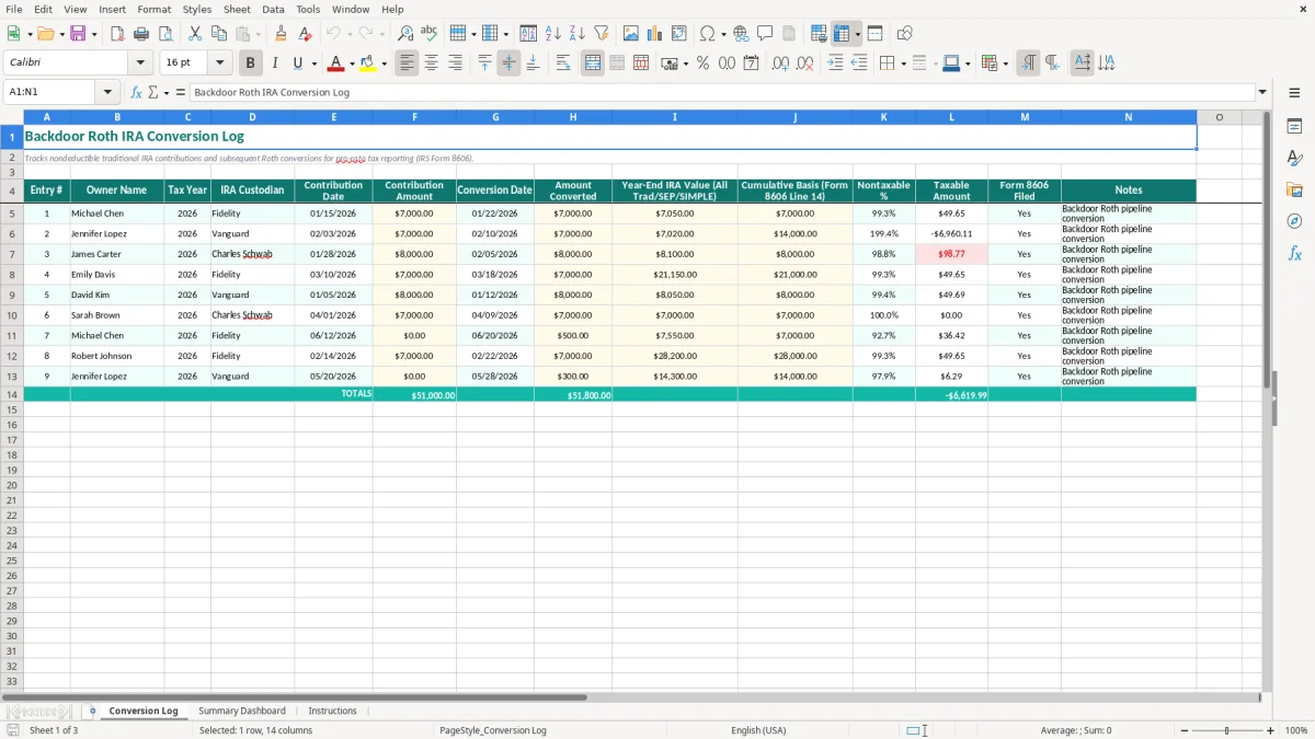 Screenshot 1: Conversion Log tab - Excel template backdoor roth conversion log excel template