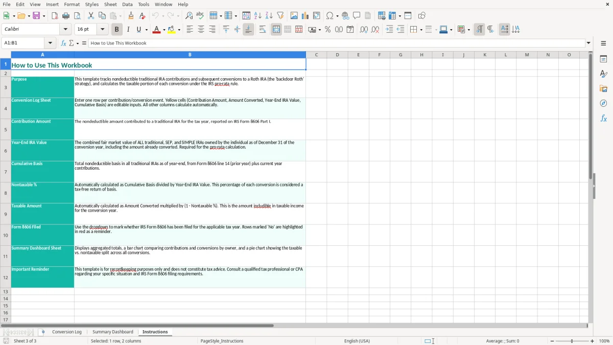 Screenshot 3: Instructions tab - Excel template backdoor roth conversion log excel template