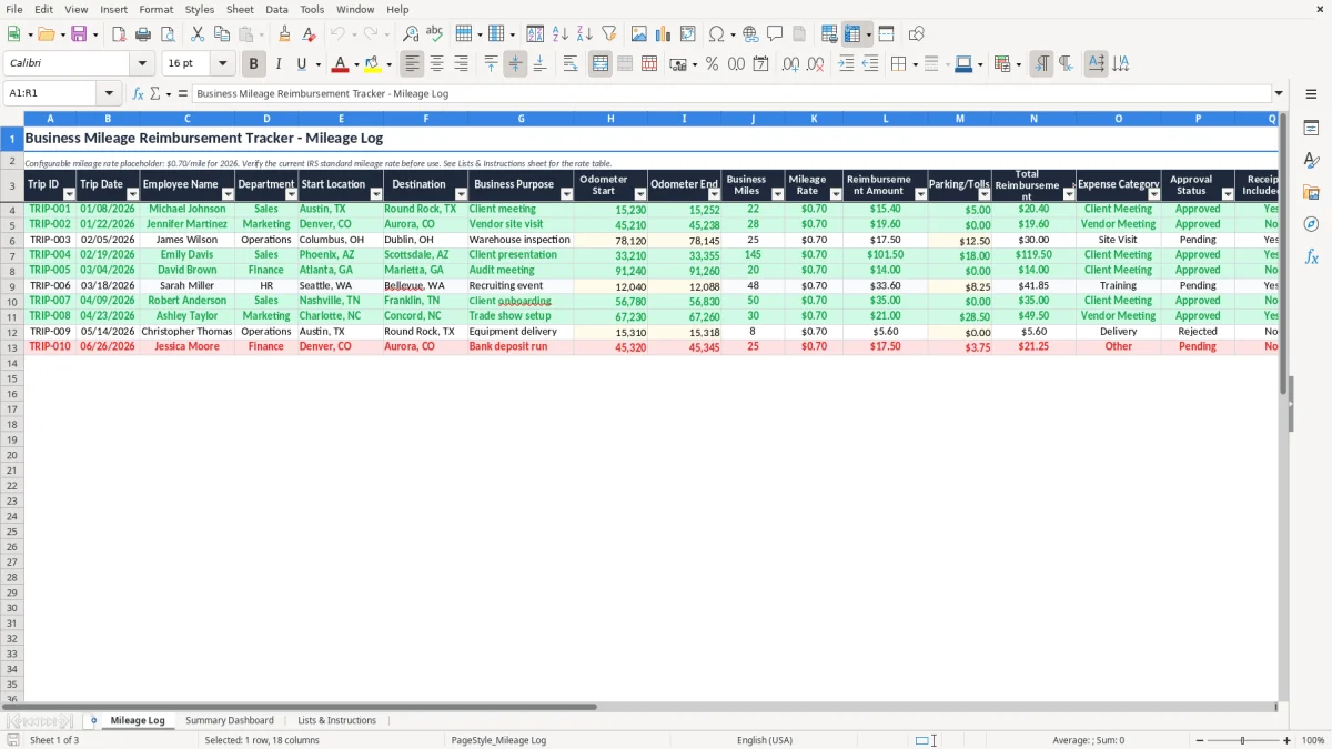 Screenshot 1: Mileage Log tab - Excel template business mileage reimbursement tracker excel template