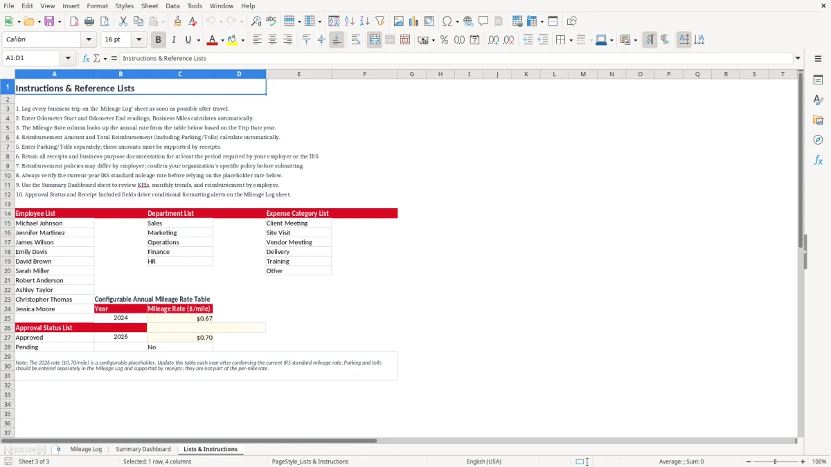 Screenshot 3: Lists & Instructions tab - Excel template business mileage reimbursement tracker excel template
