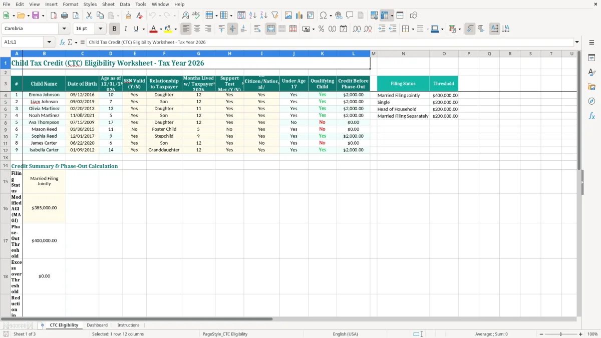 Screenshot 1: CTC Eligibility tab - Excel template child tax credit eligibility worksheet excel template
