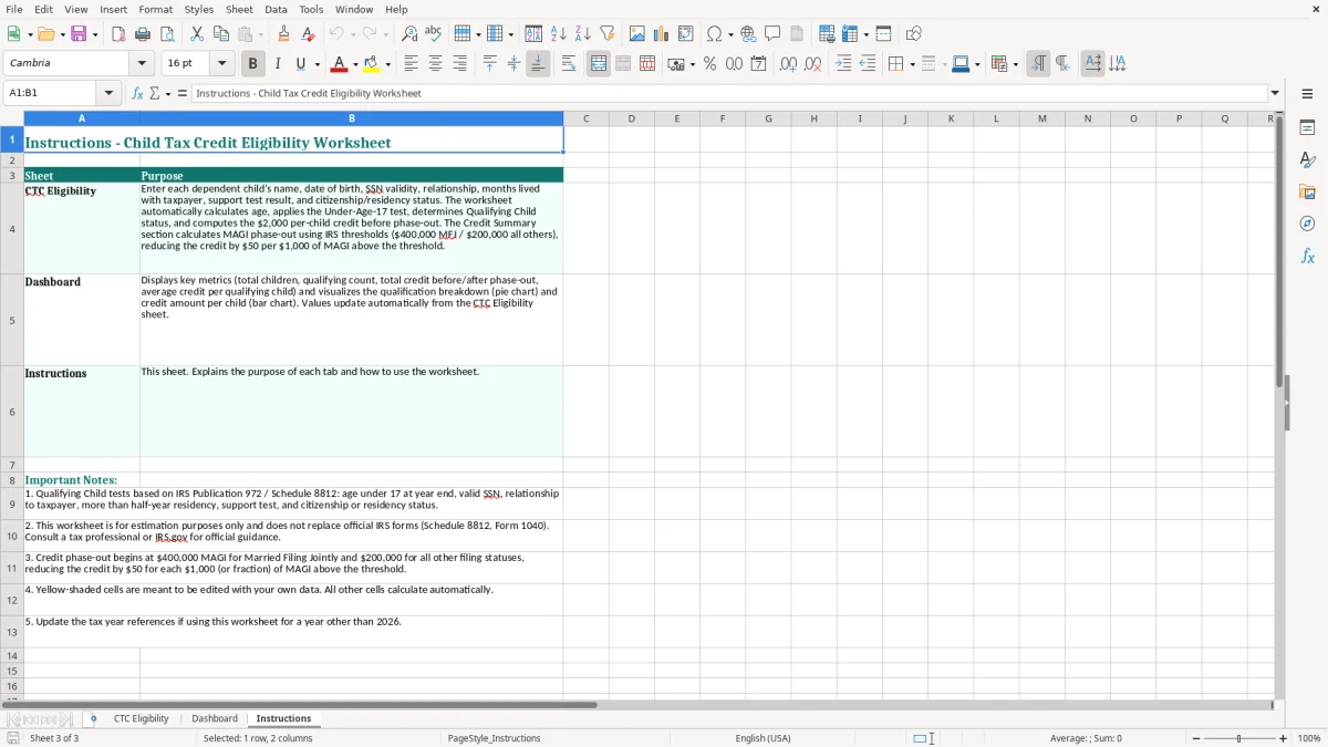 Screenshot 3: Instructions tab - Excel template child tax credit eligibility worksheet excel template