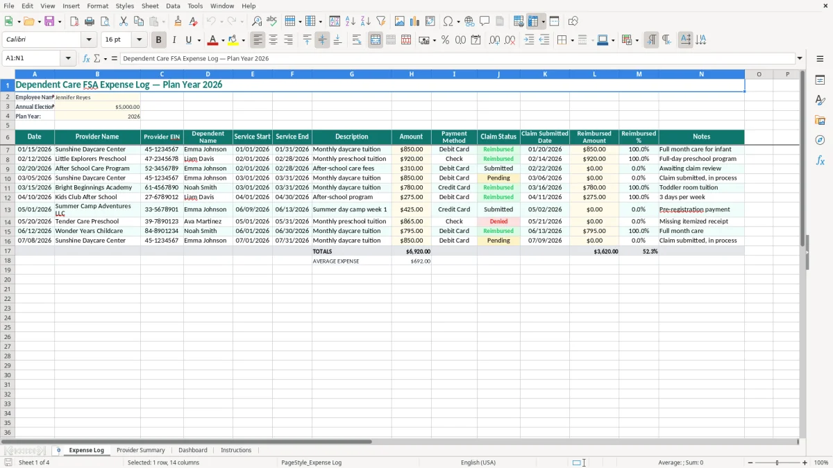 Screenshot 1: Expense Log tab - Excel template dependent care fsa expense log excel spreadsheet
