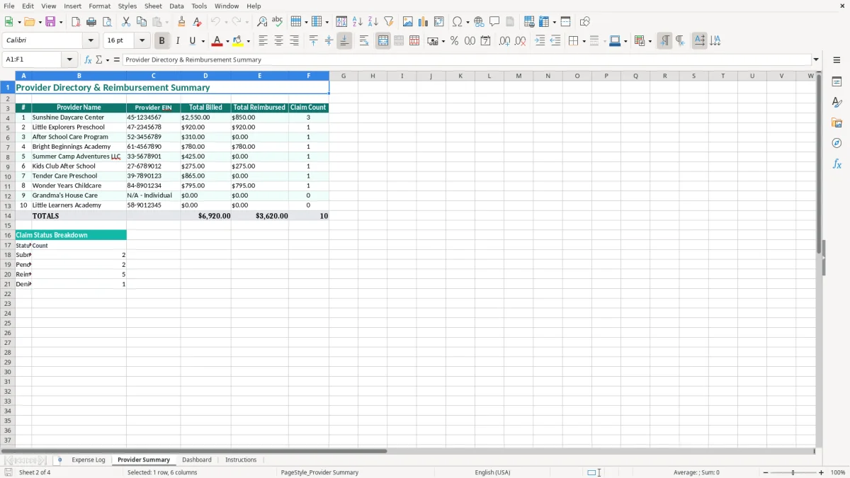 Screenshot 2: Provider Summary tab - Excel template dependent care fsa expense log excel spreadsheet