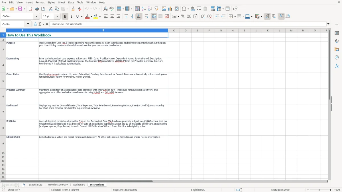 Screenshot 4: Instructions tab - Excel template dependent care fsa expense log excel spreadsheet