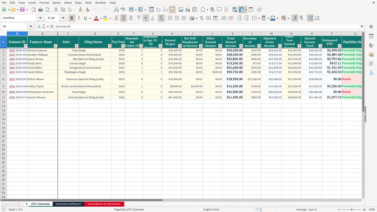 Screenshot 1: EITC Estimates tab - Excel template earned income credit estimate excel spreadsheet