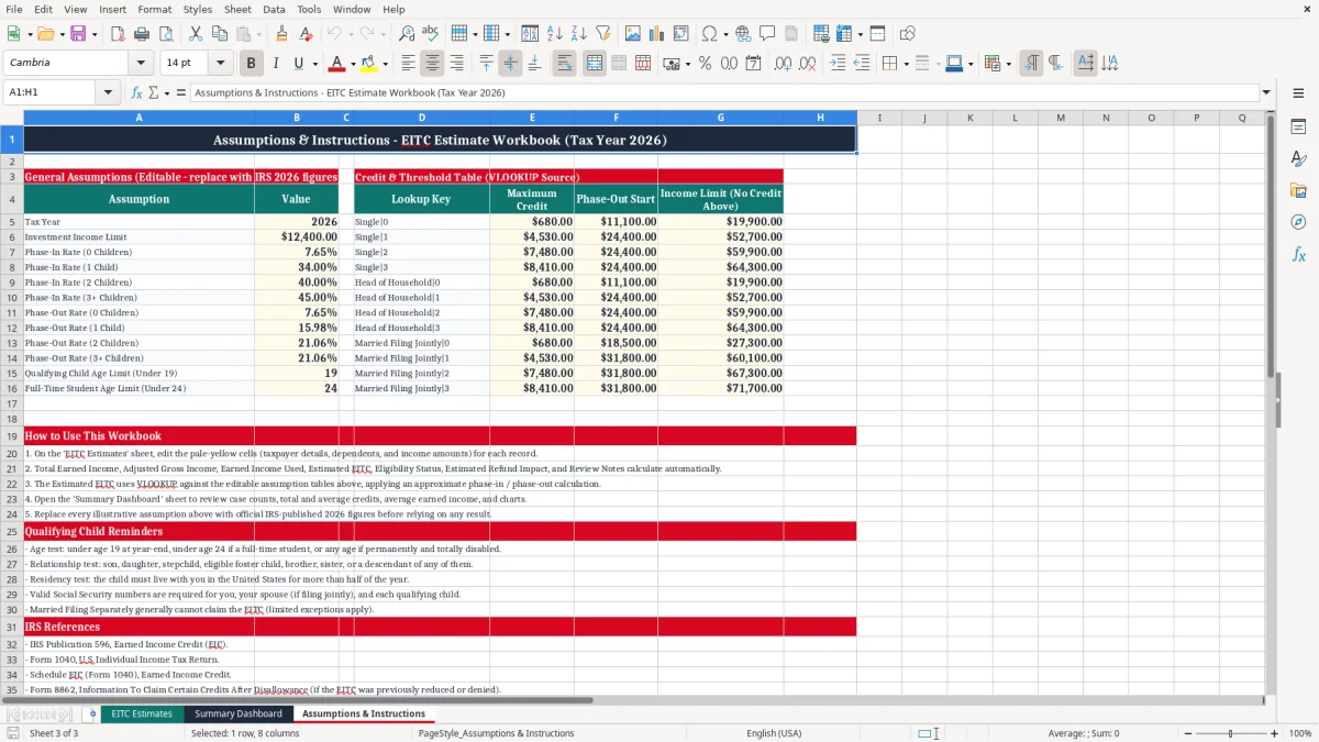 Screenshot 3: Assumptions & Instructions tab - Excel template earned income credit estimate excel spreadsheet