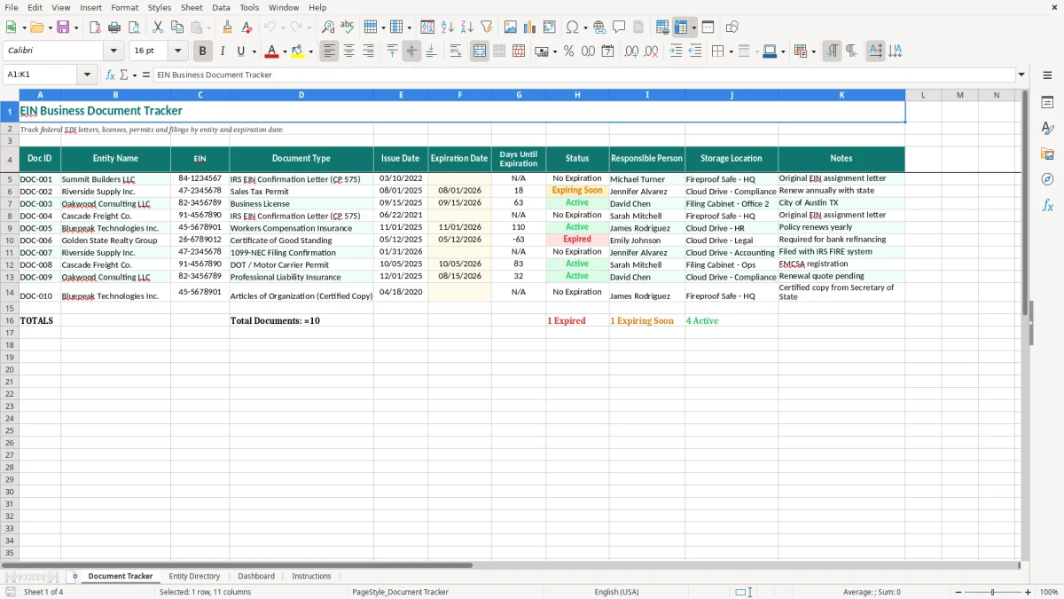 Screenshot 1: Document Tracker tab - Excel template ein business document tracker excel template