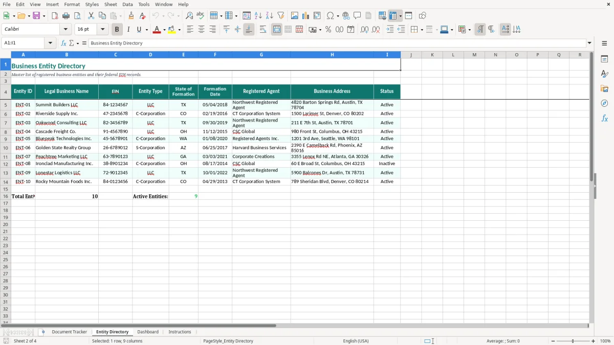 Screenshot 2: Entity Directory tab - Excel template ein business document tracker excel template
