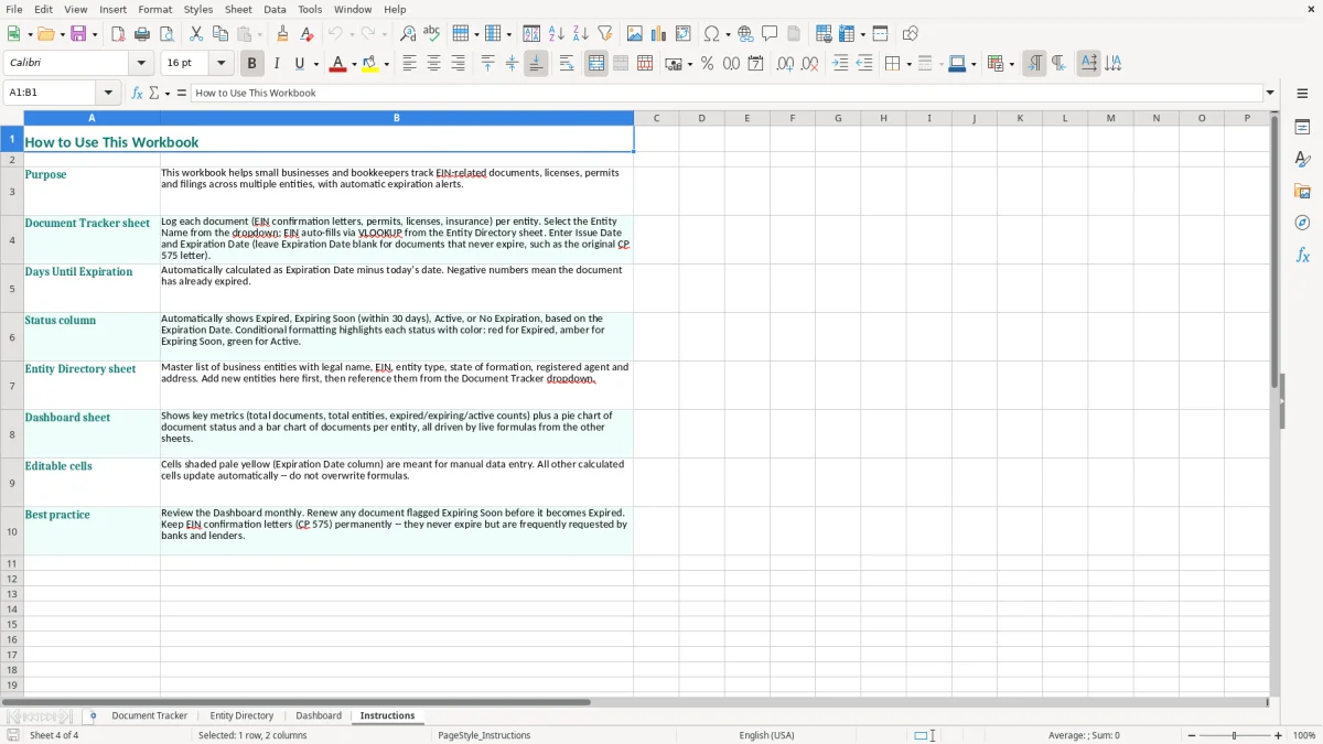Screenshot 4: Instructions tab - Excel template ein business document tracker excel template