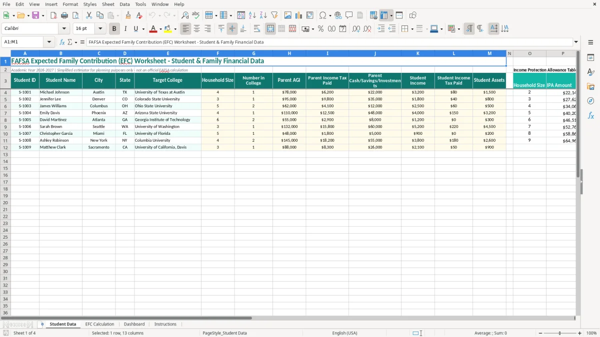 Screenshot 1: Student Data tab - Excel template fafsa expected family contribution worksheet excel template