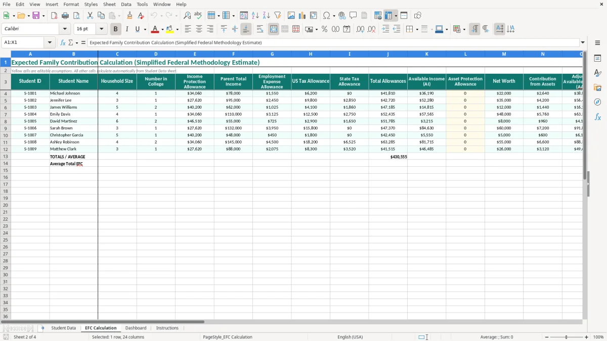 Screenshot 2: EFC Calculation tab - Excel template fafsa expected family contribution worksheet excel template