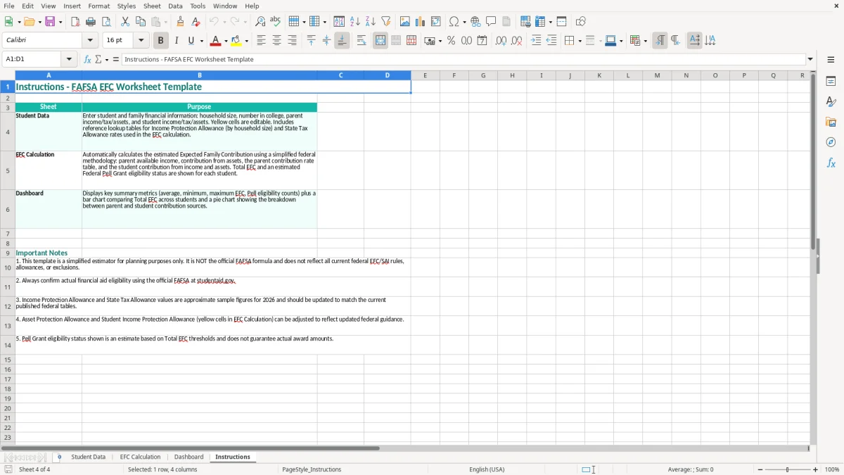 Screenshot 4: Instructions tab - Excel template fafsa expected family contribution worksheet excel template