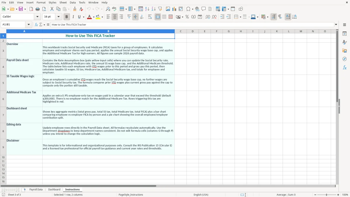 Screenshot 3: Instructions tab - Excel template fica social security medicare tracker excel template