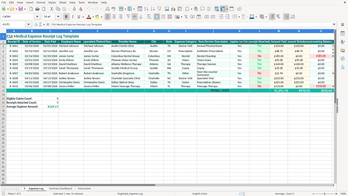 Screenshot 1: Expense Log tab - Excel template fsa medical expense receipt log excel template