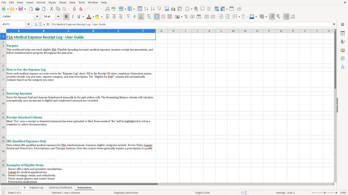 Screenshot 3: Instructions tab - Excel template fsa medical expense receipt log excel template
