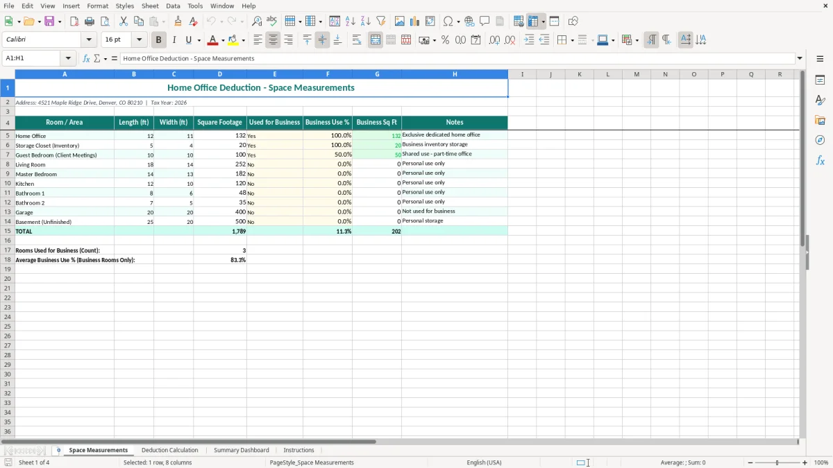 Screenshot 1: Space Measurements tab - Excel template home office deduction square footage excel spreadsheet