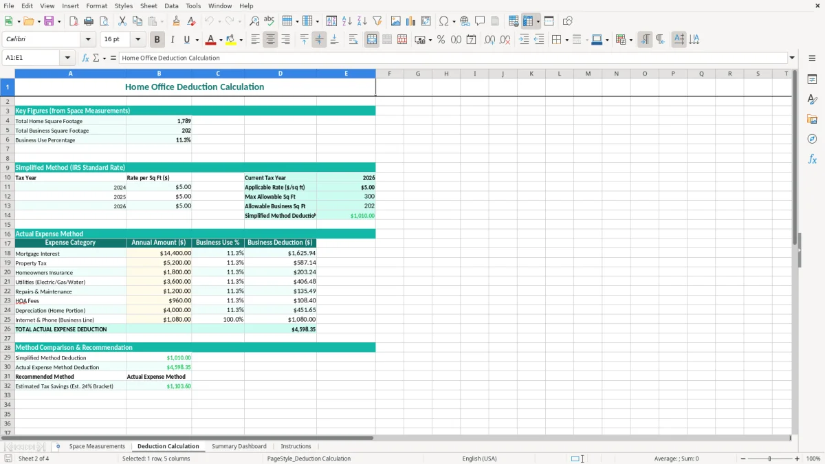 Screenshot 2: Deduction Calculation tab - Excel template home office deduction square footage excel spreadsheet
