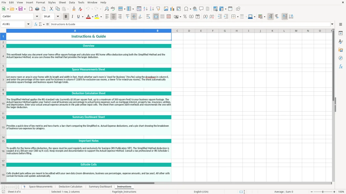 Screenshot 4: Instructions tab - Excel template home office deduction square footage excel spreadsheet