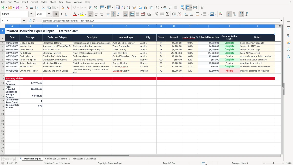 Screenshot 1: Deduction Input tab - Excel template itemized deduction vs standard deduction excel template