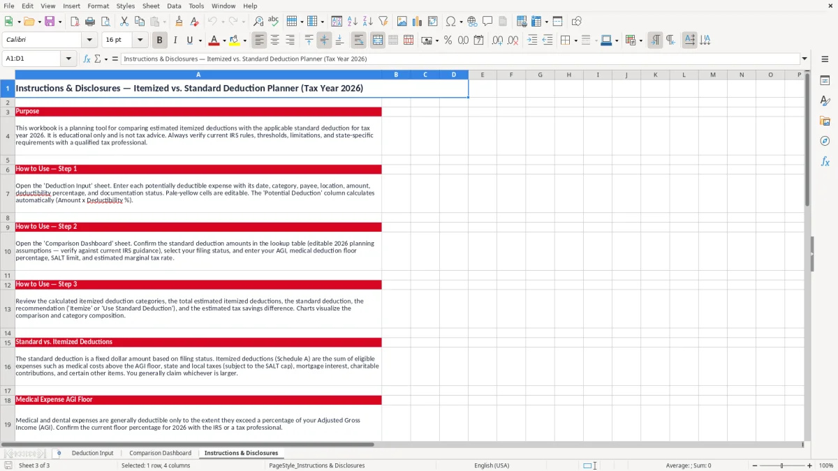 Screenshot 3: Instructions & Disclosures tab - Excel template itemized deduction vs standard deduction excel template