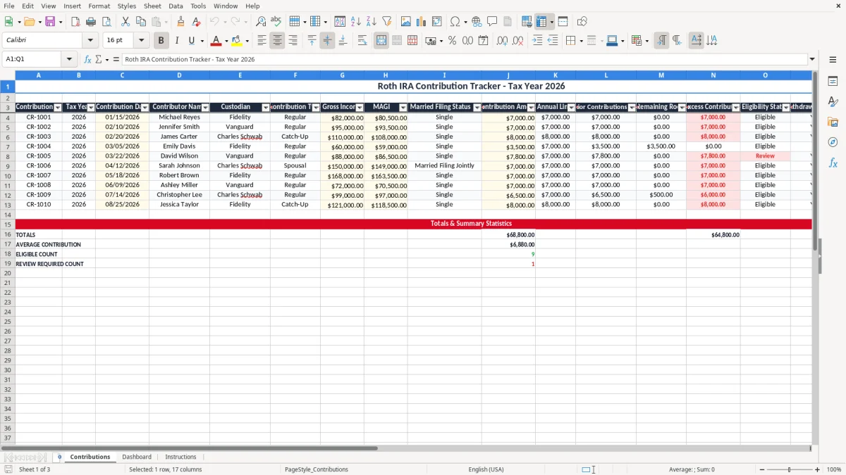 Screenshot 1: Contributions tab - Excel template roth ira contribution tracker excel spreadsheet