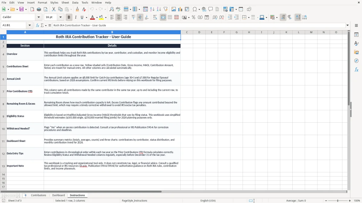 Screenshot 3: Instructions tab - Excel template roth ira contribution tracker excel spreadsheet