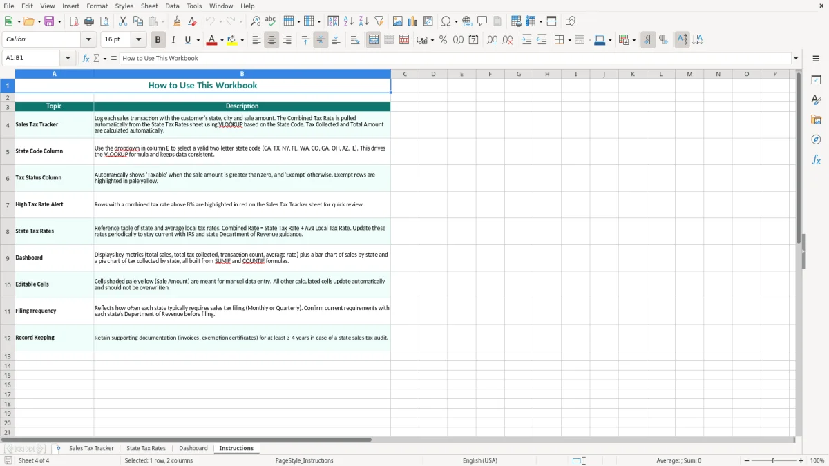 Screenshot 4: Instructions tab - Excel template sales tax by state tracker excel spreadsheet