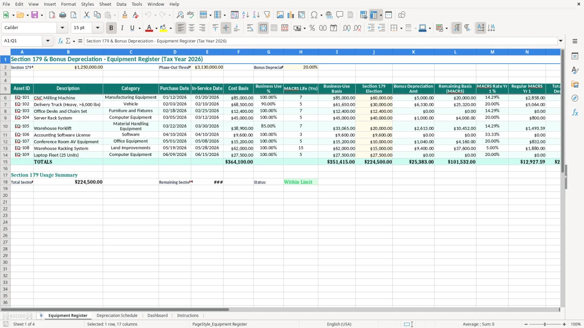 Screenshot 1: Equipment Register tab - Excel template section 179 equipment depreciation excel template