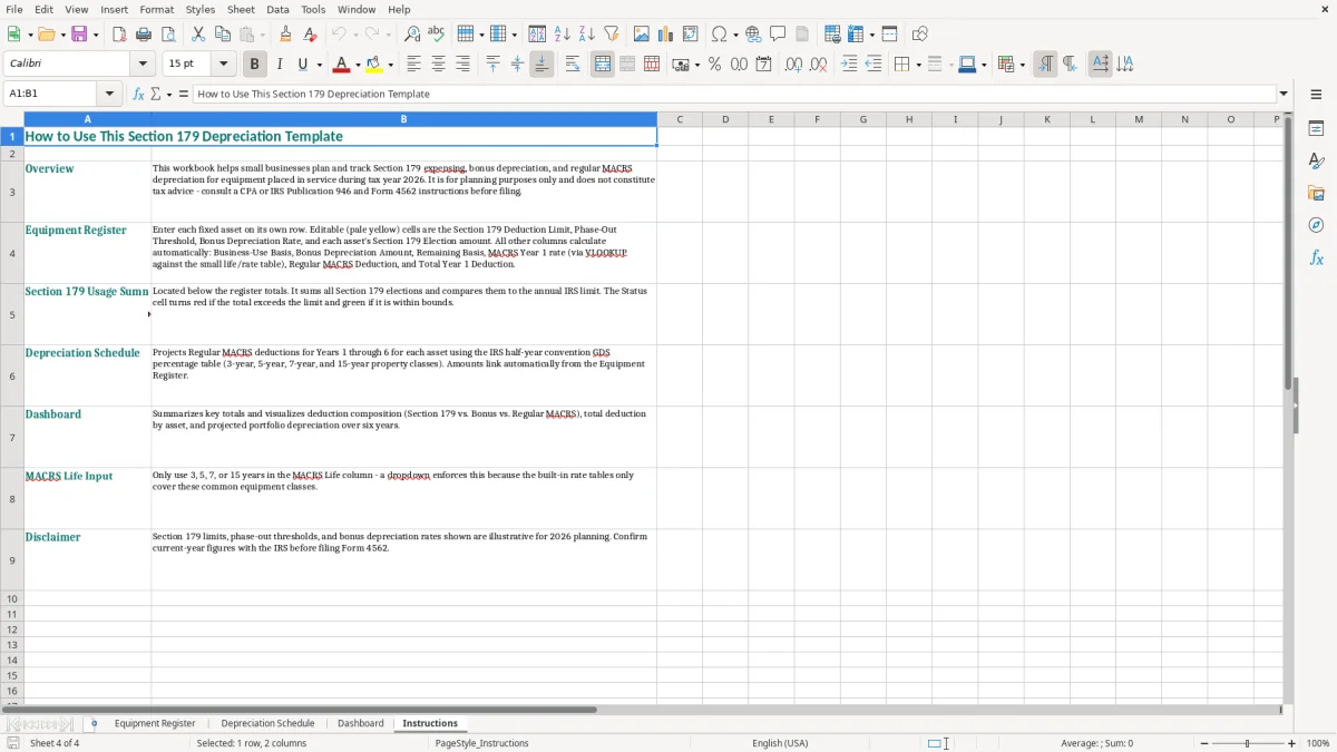 Screenshot 4: Instructions tab - Excel template section 179 equipment depreciation excel template