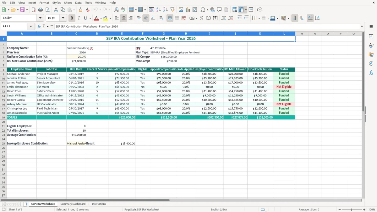 Screenshot 1: SEP IRA Worksheet tab - Excel template sep ira contribution worksheet excel spreadsheet