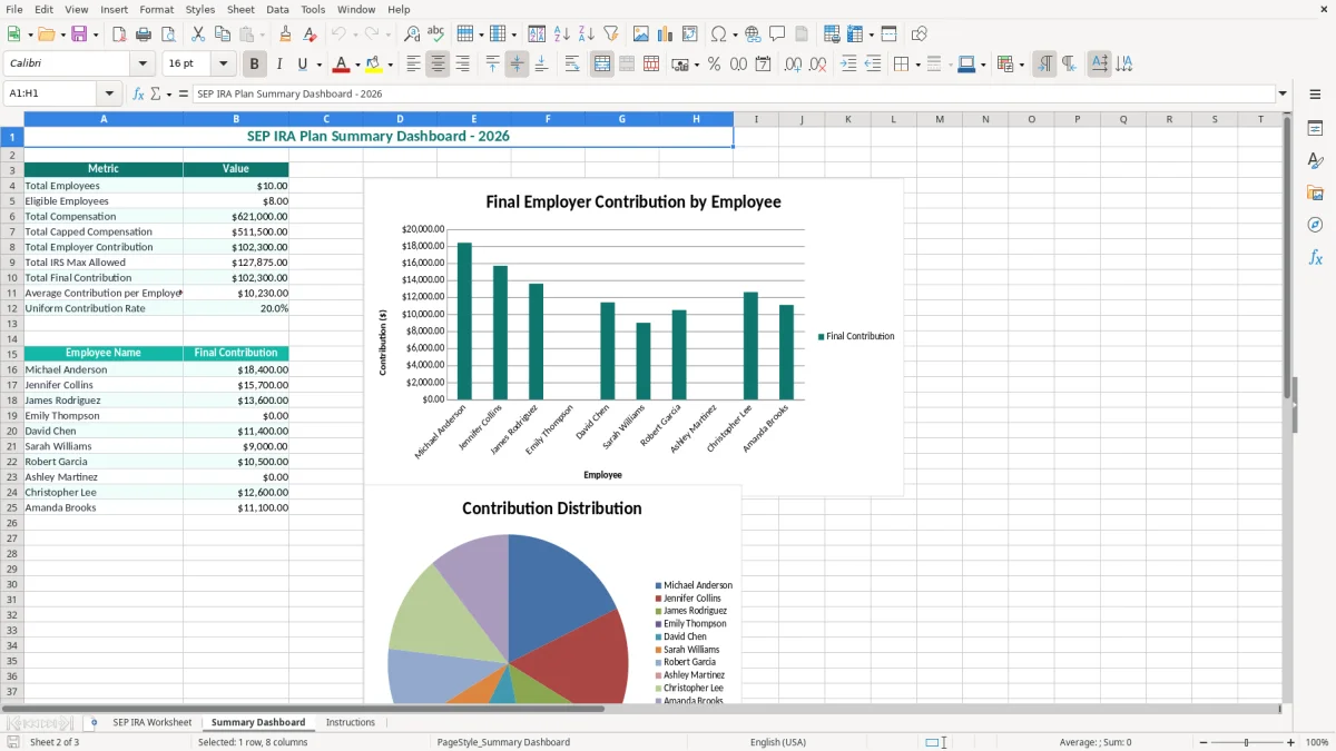 Screenshot 2: Summary Dashboard tab - Excel template sep ira contribution worksheet excel spreadsheet