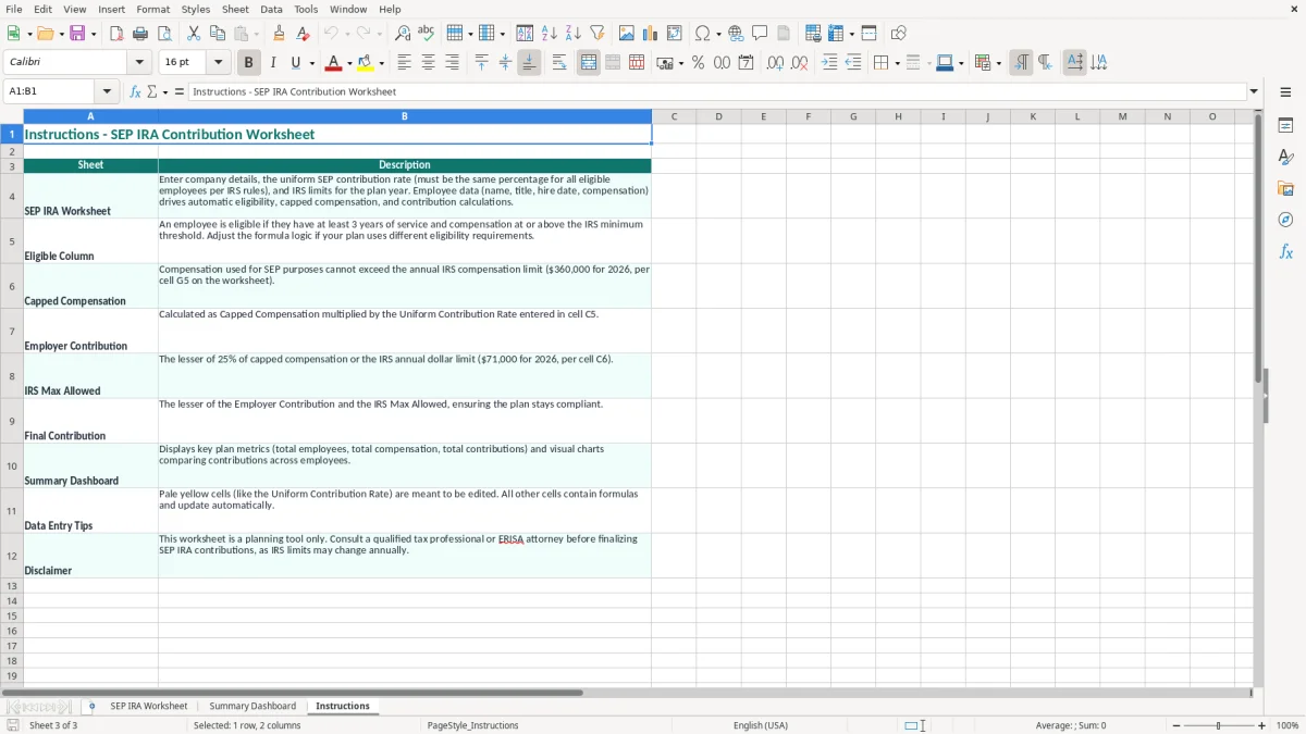 Screenshot 3: Instructions tab - Excel template sep ira contribution worksheet excel spreadsheet