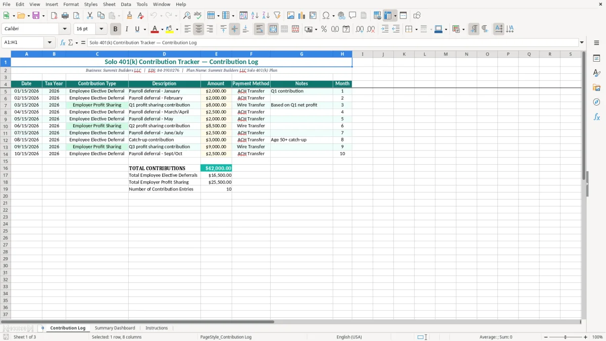 Screenshot 1: Contribution Log tab - Excel template solo 401k contribution tracker excel template