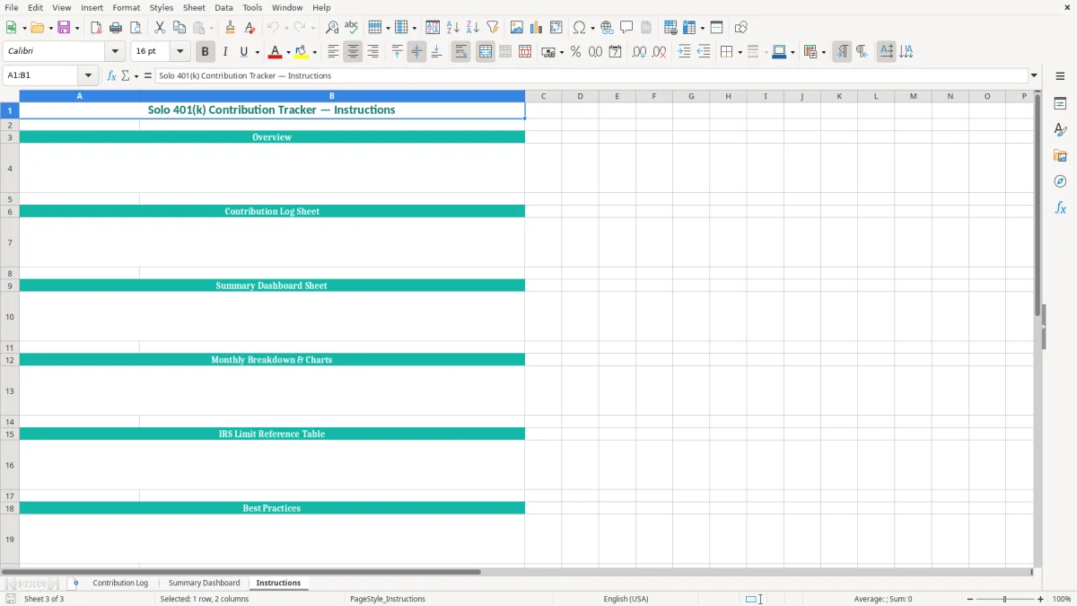 Screenshot 3: Instructions tab - Excel template solo 401k contribution tracker excel template