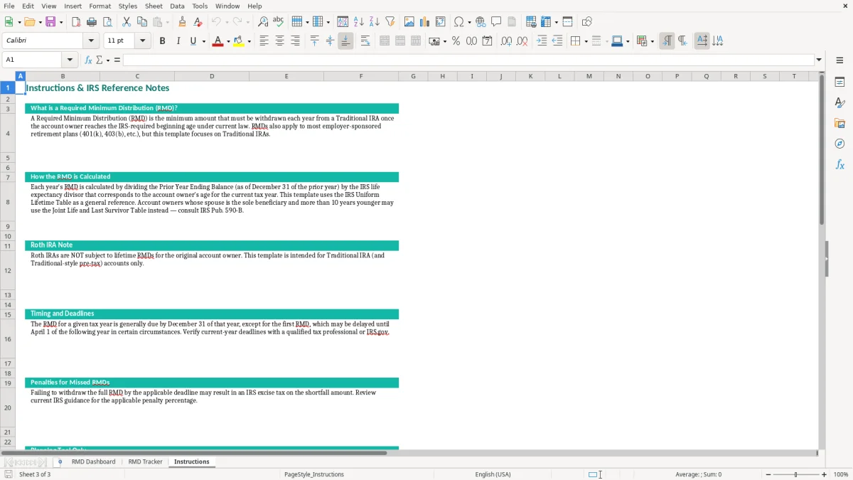 Screenshot 3: Instructions tab - Excel template traditional ira required minimum distribution excel template