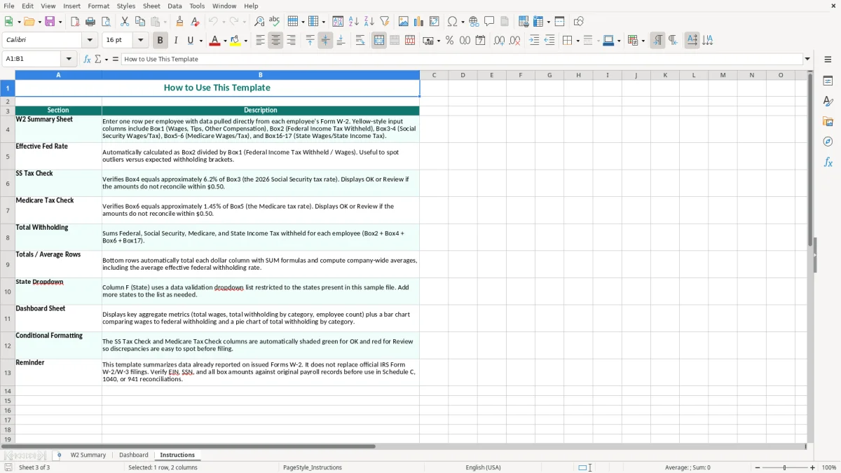 Screenshot 3: Instructions tab - Excel template w2 wage and withholding summary excel template
