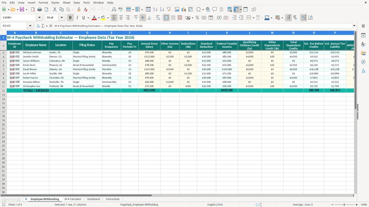 Screenshot 1: Employee Withholding tab - Excel template w4 paycheck withholding estimator excel spreadsheet