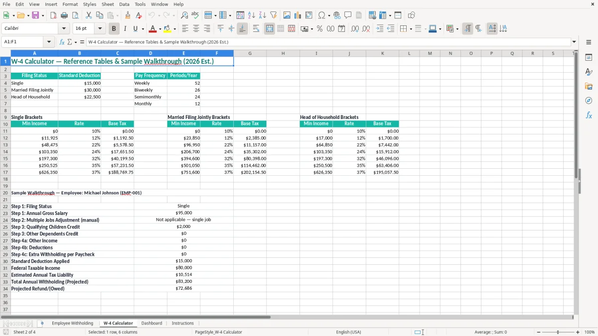 Screenshot 2: W-4 Calculator tab - Excel template w4 paycheck withholding estimator excel spreadsheet