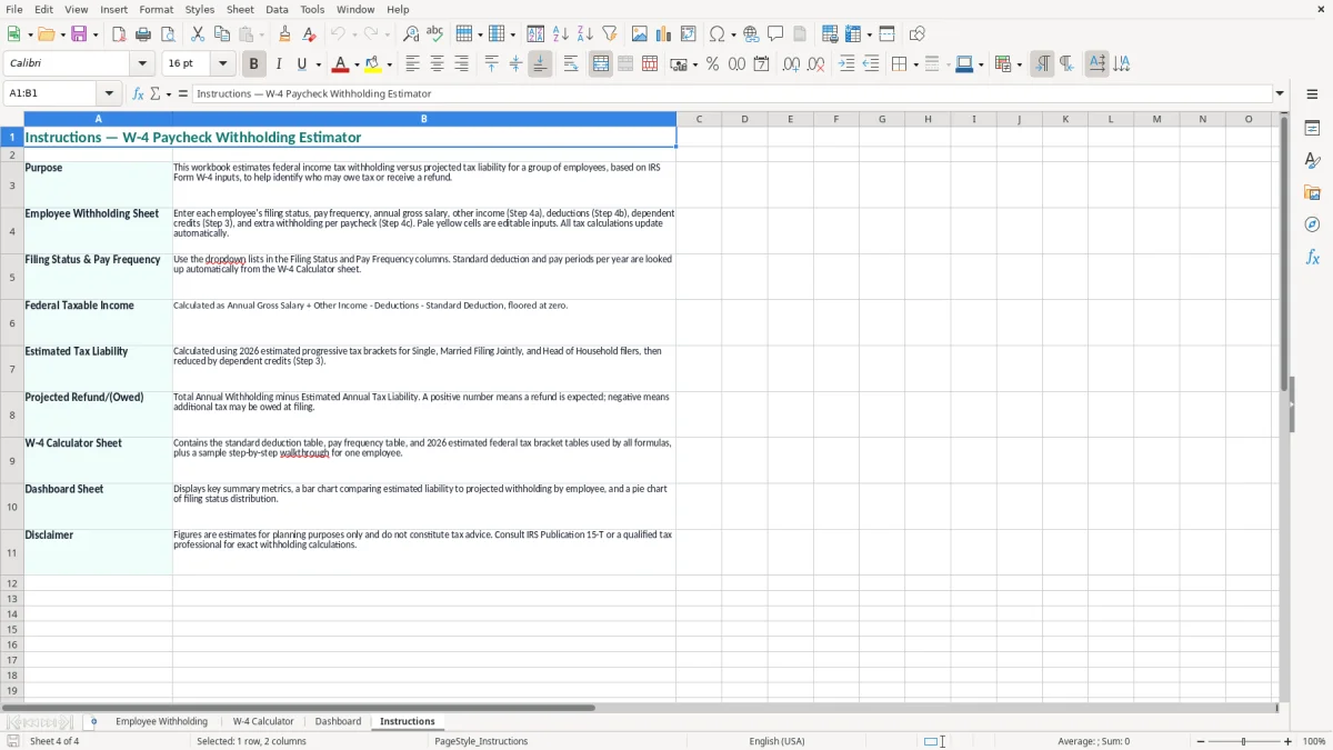 Screenshot 4: Instructions tab - Excel template w4 paycheck withholding estimator excel spreadsheet