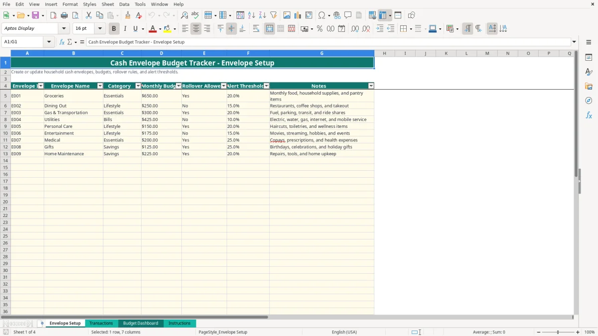 Screenshot 1: Envelope Setup tab - Excel template cash envelope budget tracker excel spreadsheet