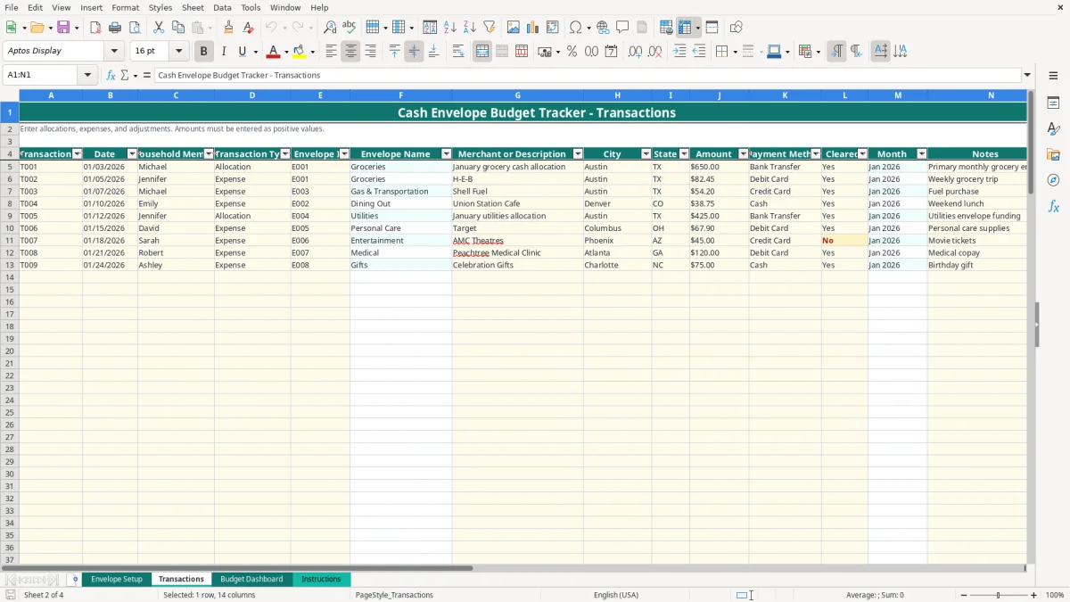 Screenshot 2: Transactions tab - Excel template cash envelope budget tracker excel spreadsheet