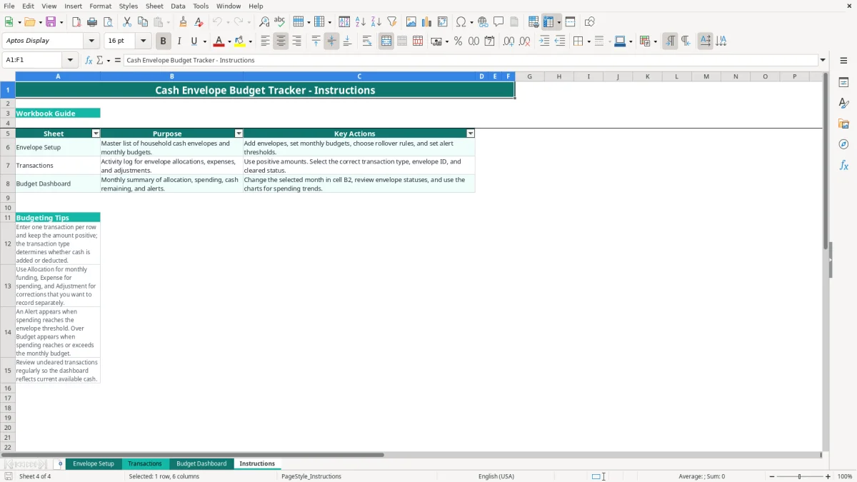 Screenshot 4: Instructions tab - Excel template cash envelope budget tracker excel spreadsheet