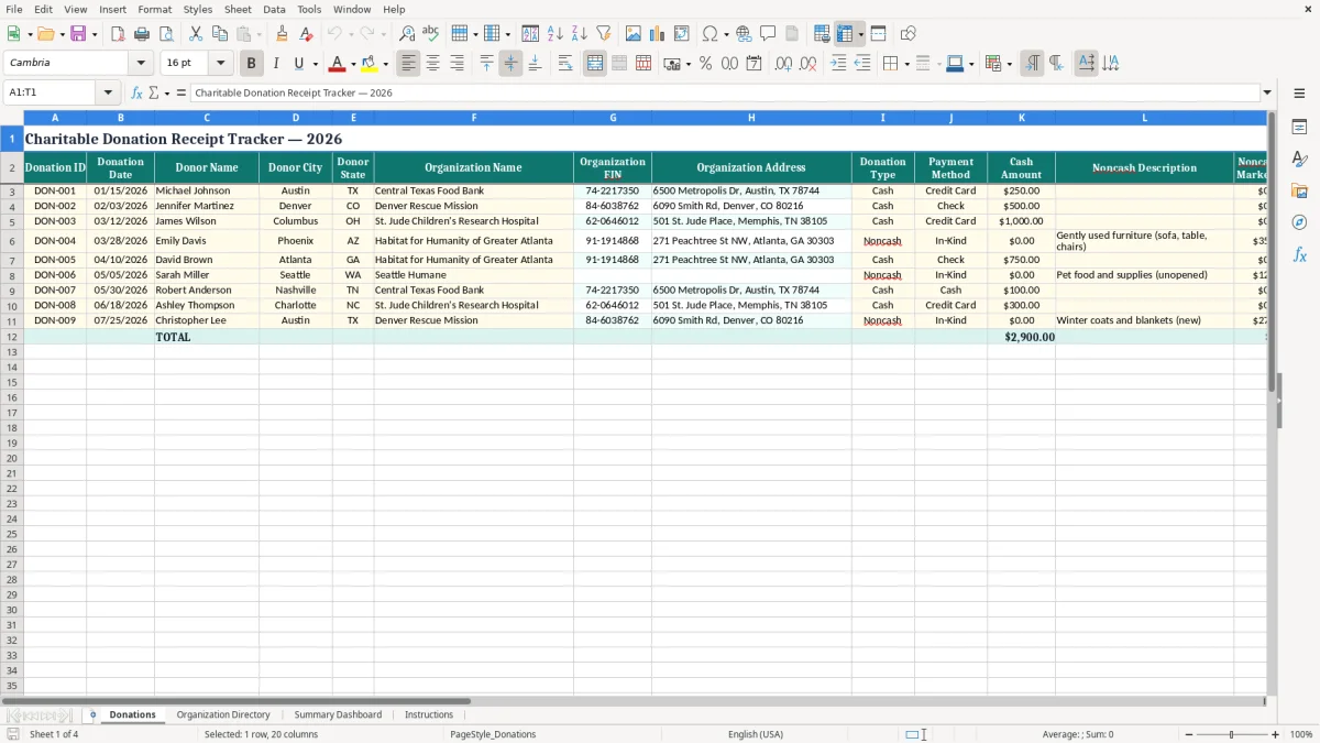 Screenshot 1: Donations tab - Excel template charitable donation receipt tracker excel spreadsheet