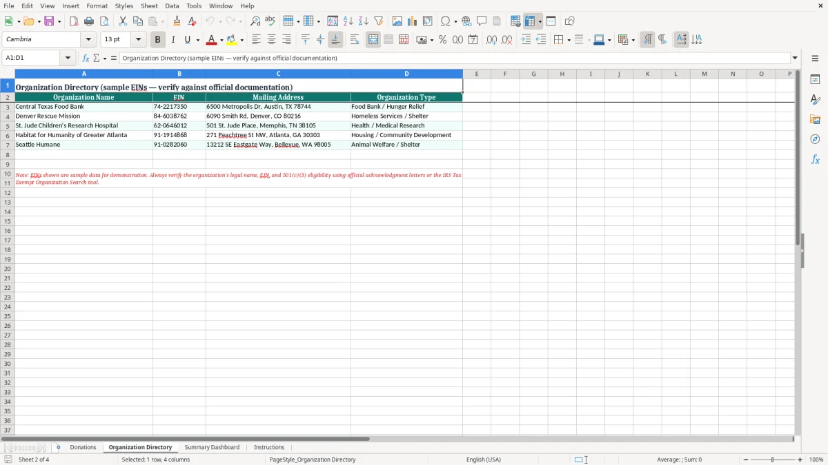 Screenshot 2: Organization Directory tab - Excel template charitable donation receipt tracker excel spreadsheet